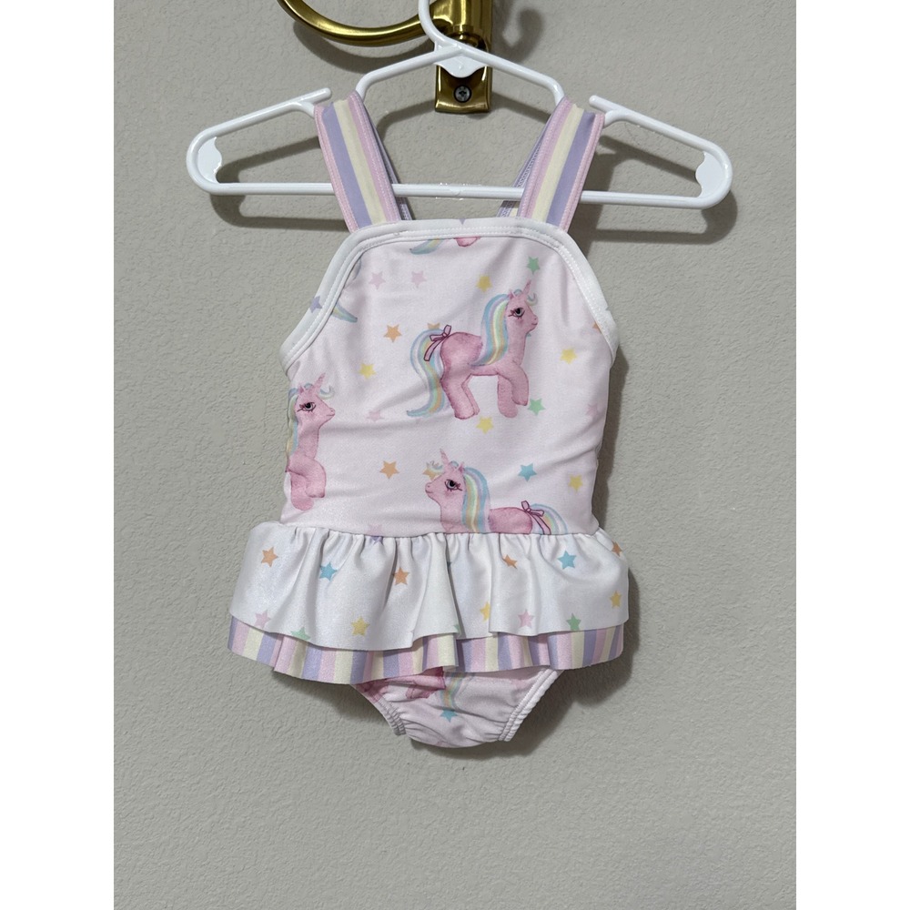 Sal & Pimenta Swimsuit Baby 6M Pink Unicorn Ruffle One Piece Striped Straps
